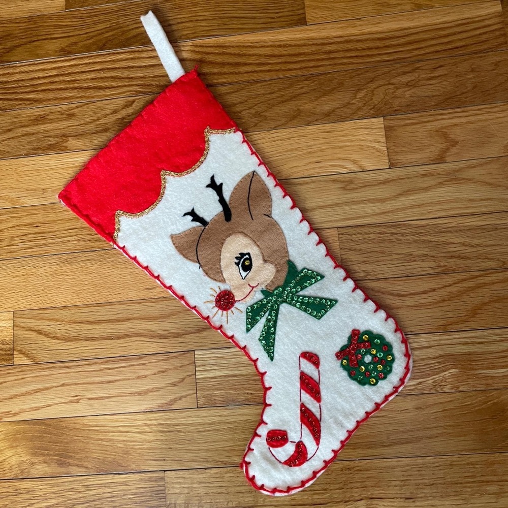 Rudolph Reindeer Kitschy Felt Christmas Stocking Classic 50-70s Sequins Appliqué